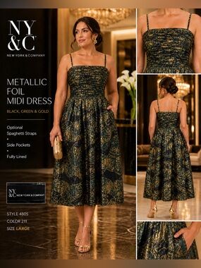 New York & Company Metallic Foil Midi Dress in Black, Green & Gold